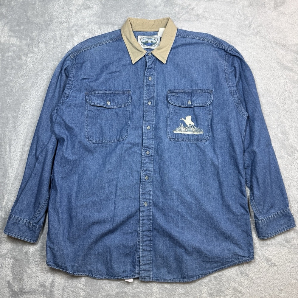 Vintage Canadian Outdoors Denim Goose Embroidered Shirt Men L Blue Canvas Collar